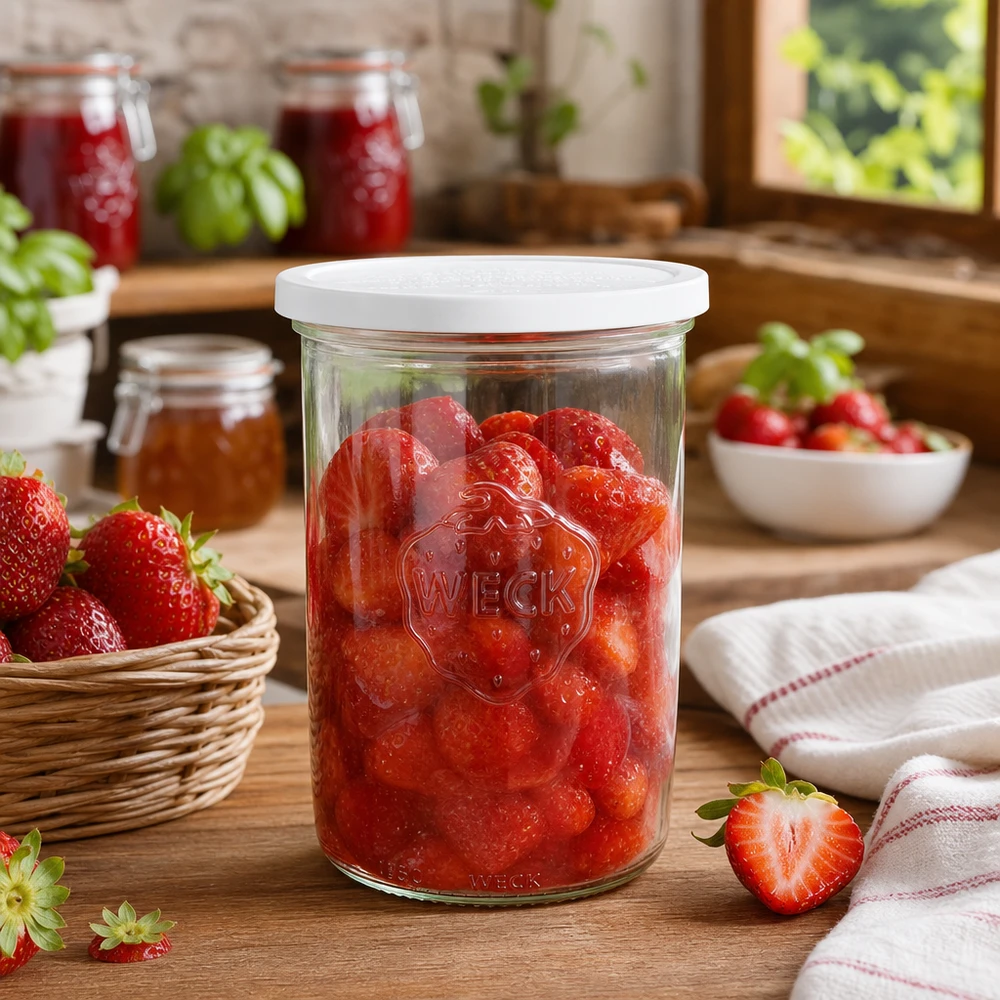 WECK Einmachglas 1000ml RR100 mit eingelegten Erdbeeren in rustikaler Küche mit frischen Früchten