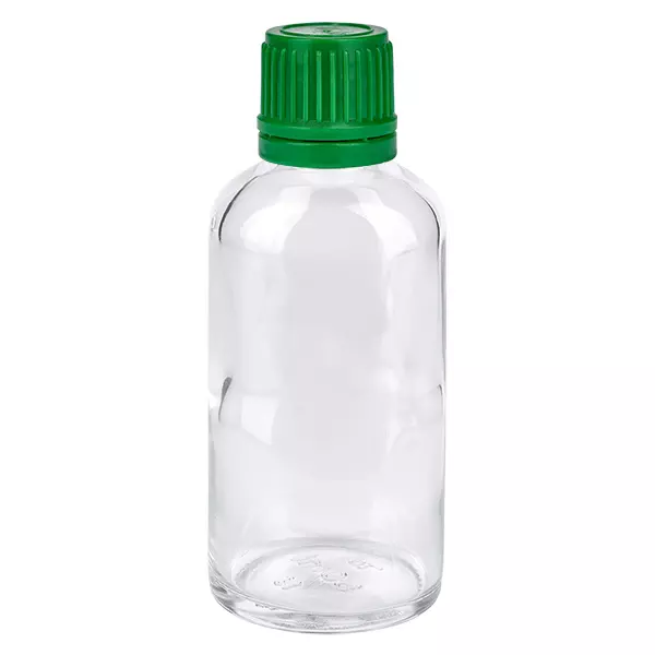 50ml láhev 11mm šroubovací uzávěr zelený tamper-evidentní uzávěr ClearLine UT18/50