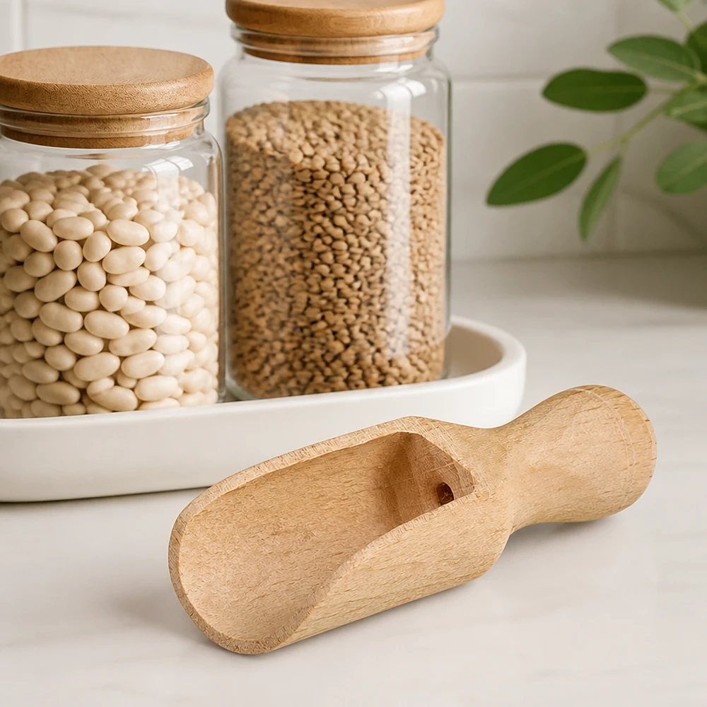 Holzschaufel XS 5,2cm neben Vorratsgläsern mit weißen Bohnen und Koriander für Zero Waste Küche und Gewürzaufbewahrung