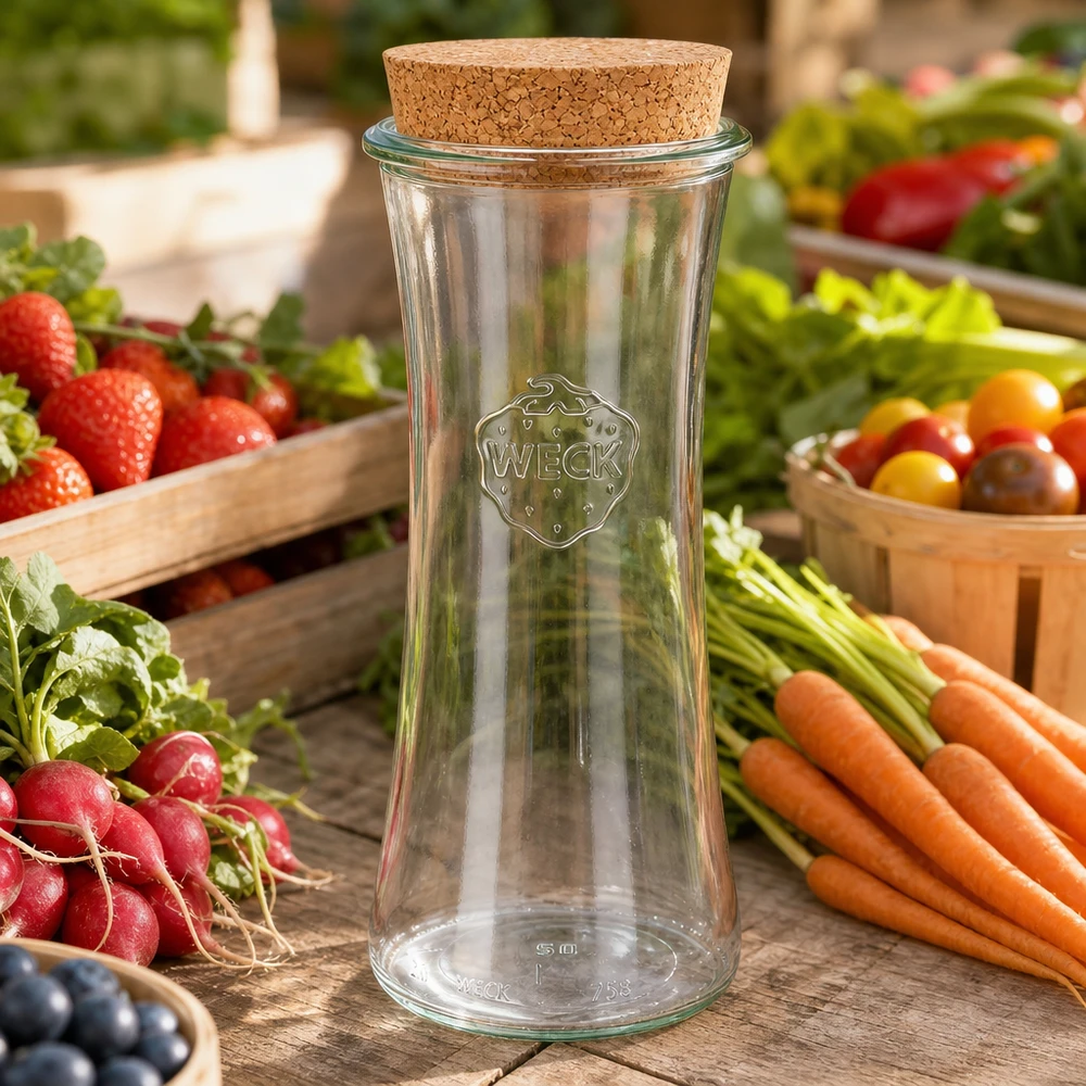 700ml sklenice na lahůdky WECK RR80 s korkem přírodní WECK RR80 Vorratsglas 700ml leer mit Korkdeckel zwischen frischem Gemüse Karotten Radieschen Tomaten auf Marktstand