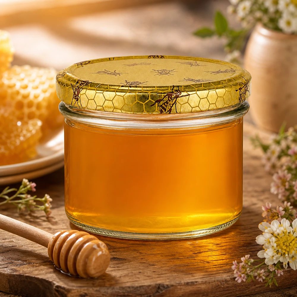 Skleněná nádoba o objemu 225 ml + víčko BasicSeal honeycomb UNiTWIST 225ml Einmachglas gefüllt mit Honig BasicSeal Deckel Bienenwaben-Design Honigglas mit Holzlöffel Marmeladenglas