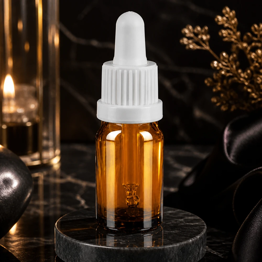 Hochwertige 5ml Glasflasche mit Pipette in braun-weiß für Labor und Naturkosmetik