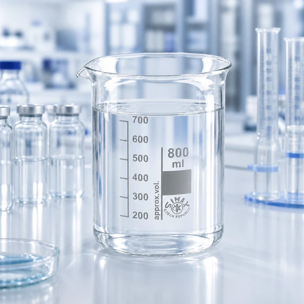 Kádinka 800 ml z borosilikátového skla, nízký tvar Becherglas 800ml mit ergonomischem Ausguss aus bruchfestem Borosilikatglas für Forschung und Analyse