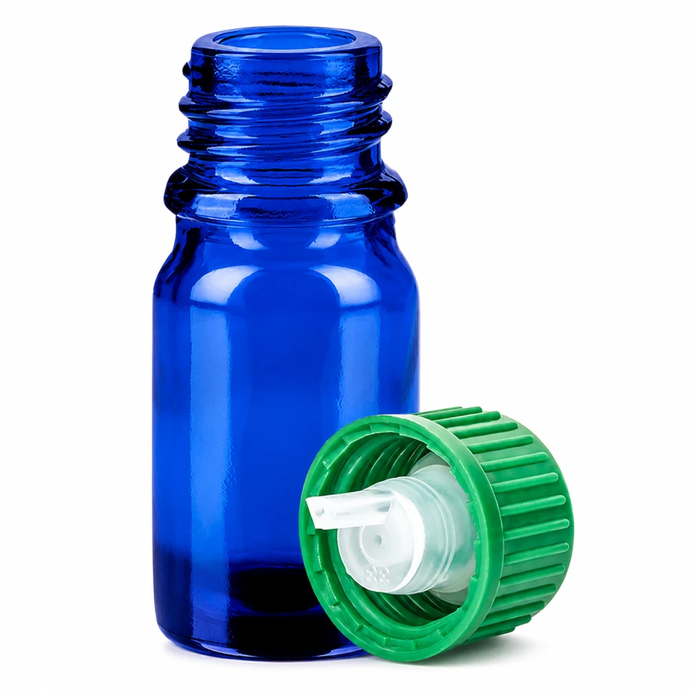 5ml lahvička s kapátkem 0,8 mm zelená standardní uzávěr BlueLine UT18/5 Professionelle 5ml Dosierungsflasche blau-grün mit feinem Tropfauslauf für Pharmazie