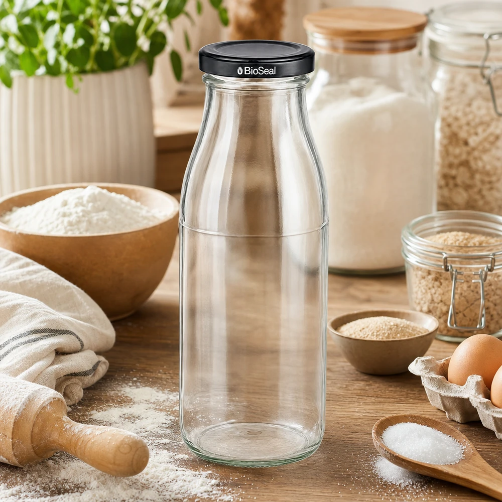 500ml skleněná láhev + víčko BioSeal černé UNiTWIST 500ml Glasflasche mit BioSeal Deckel in rustikaler Küche zwischen Backzutaten Mehl und Eiern für Kochbegeisterte