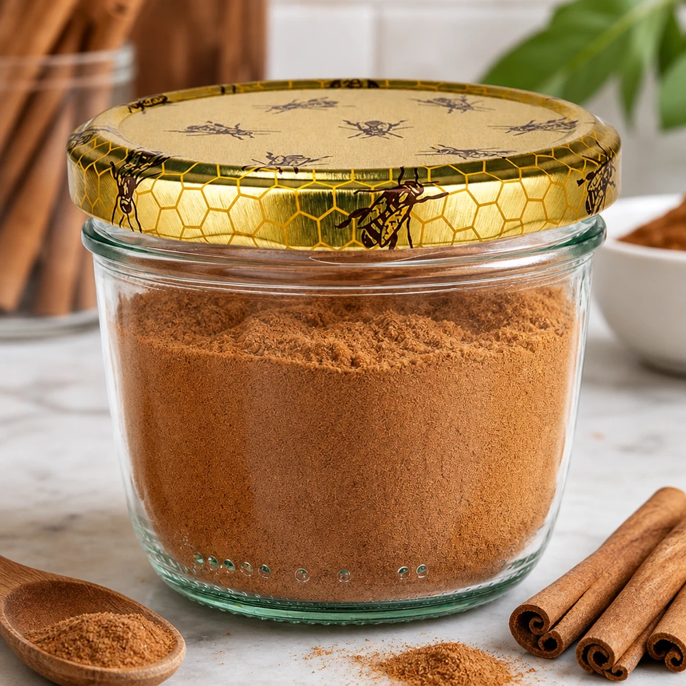 Skleněná nádoba 230ml + víčko BasicSeal voština UNiTWIST. 230ml Sturzglas mit Bienenwaben-Deckel gefüllt mit Zimt Pulver neben Zimtstangen als Gewürzaufbewahrung