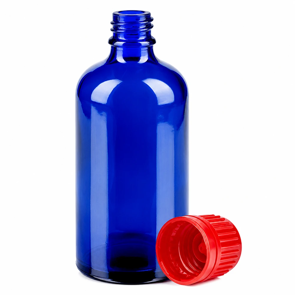 100ml láhev 11mm šroubovací uzávěr červený s pojistkou proti manipulaci BlueLine UT18/100 Präzisionsflasche 100ml UT18 100 mit ergonomischem Design und rotem Schraubverschluss