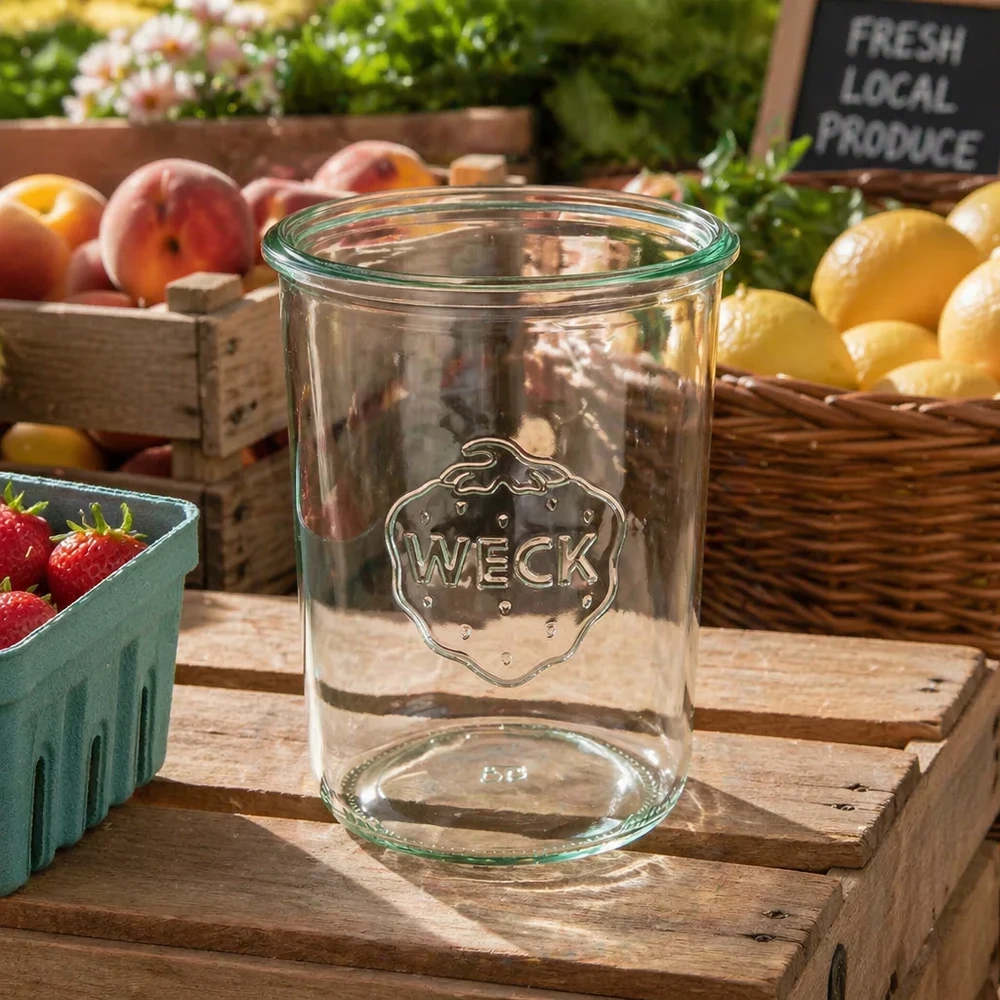 850ml tumble jar WECK RR100 s dřevěným dřevem. 850ml WECK Sturzglas RR100 aus klarem Glas mit Logo auf Holzkiste zwischen frischem Obst und Gemüse