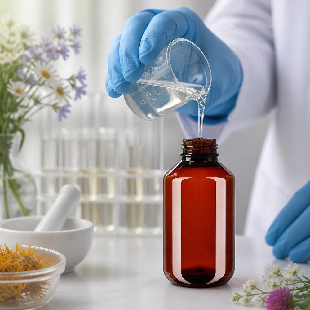 Čirá kapalina se plní do hnědé 100ml PET láhve s bílým šroubovacím uzávěrem