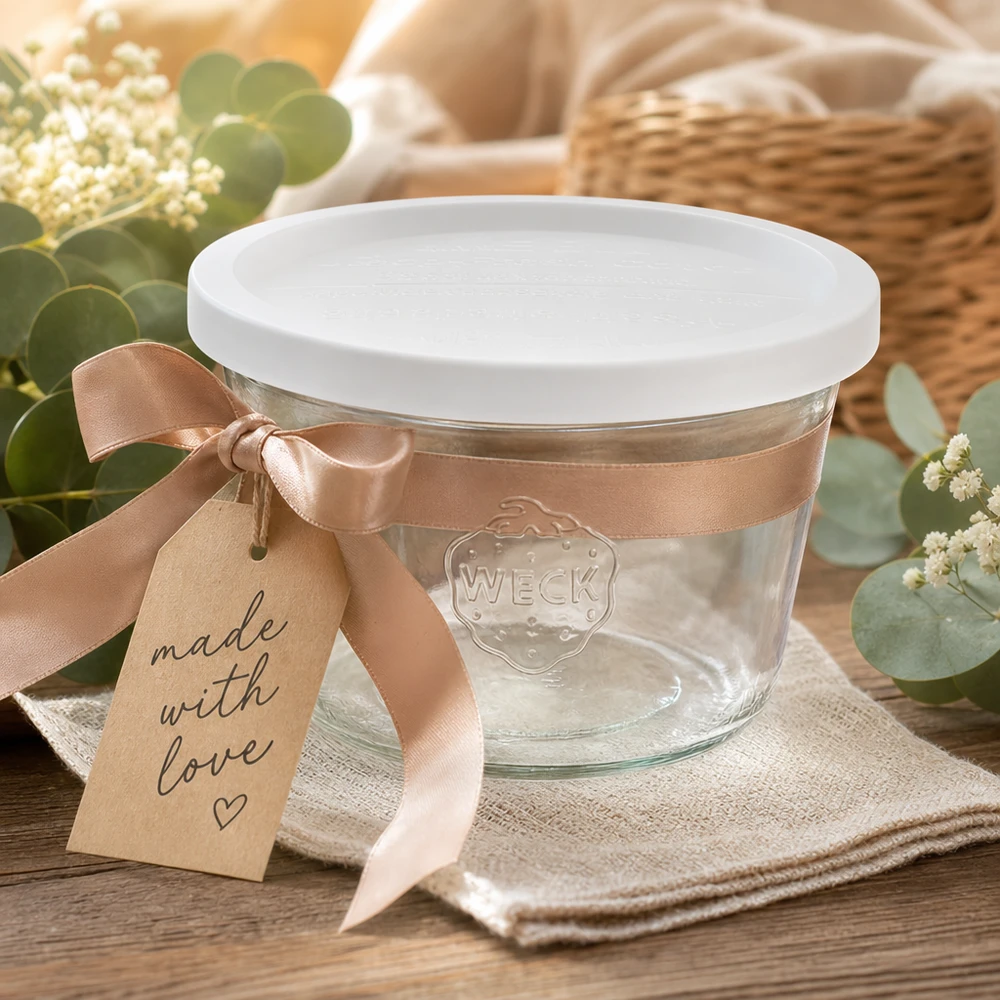 Zavařovací sklenice 370ml se skleněným víčkem WECK RR100 pro zachování čerstvosti. WECK Sturzglas 370ml RR100 dekorativ präsentiert mit Schleife und Geschenkanhänger Made with Love auf Holztisch
