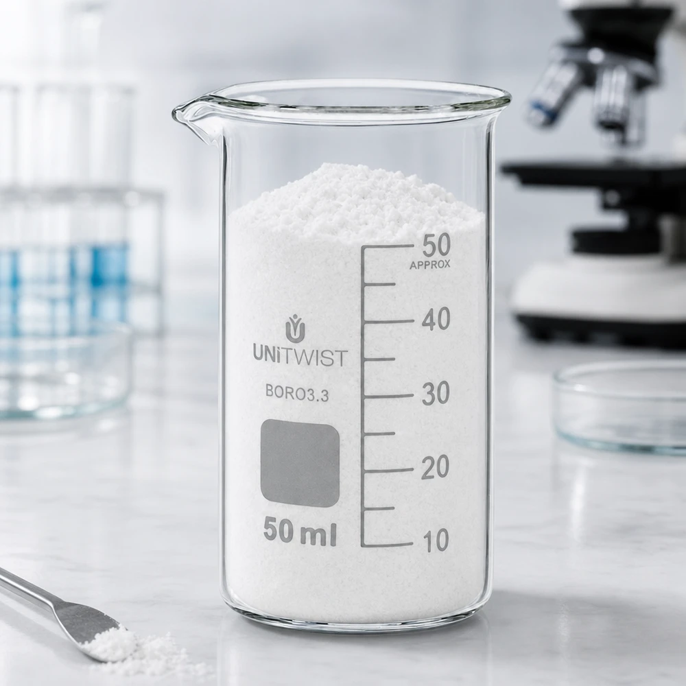 Kádinka 50ml borosilikátová, vysoká forma UNiTWIST UNITWIST Becherglas 50ml Borosilikat hohe Form mit Feststoff und Laborumgebung