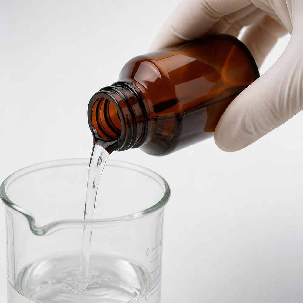 Čirá kapalina se pomocí laboratorních rukavic přelije z hnědé skleněné láhve do laboratorní kádinky