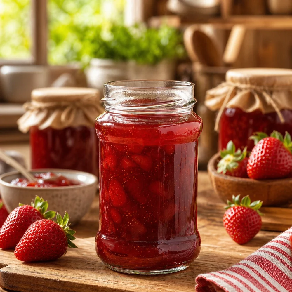 Kulatá sklenice bez víčka o objemu 390 ml (TO66deep) UNiTWIST Rundglas 390ml mit Erdbeermarmelade gefüllt auf Holztisch mit frischen Erdbeeren und weiteren Marmeladengläsern im Hinte