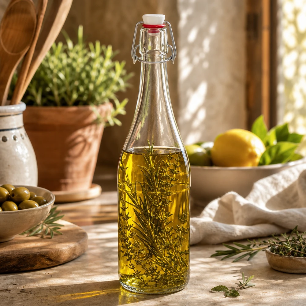750ml Glasflasche Bügelverschluss mit Kräuteröl befüllt Anwendungsbeispiel Küche mediterran dekorativ