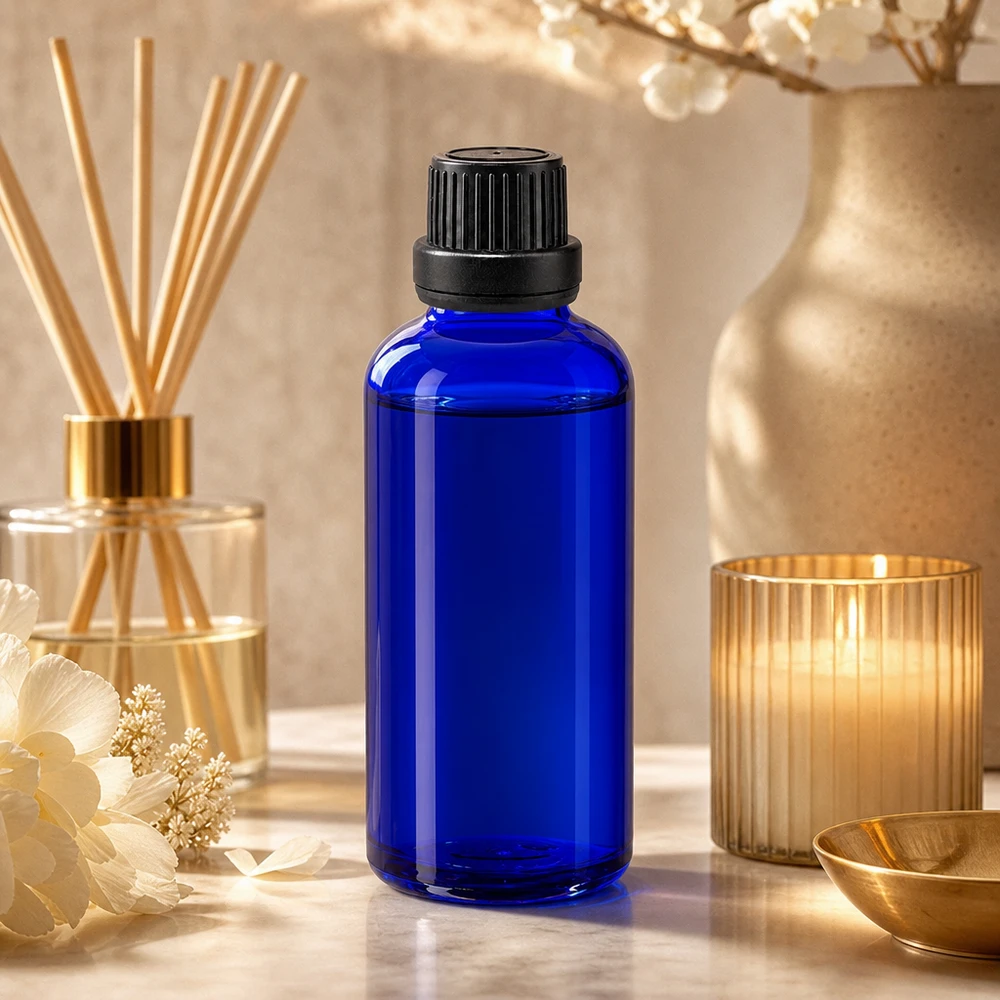 Zylindrische 50ml Tropfflasche aus kobaltblauem Apothekerglas mit 2mm Einlage neben Trockenblumen