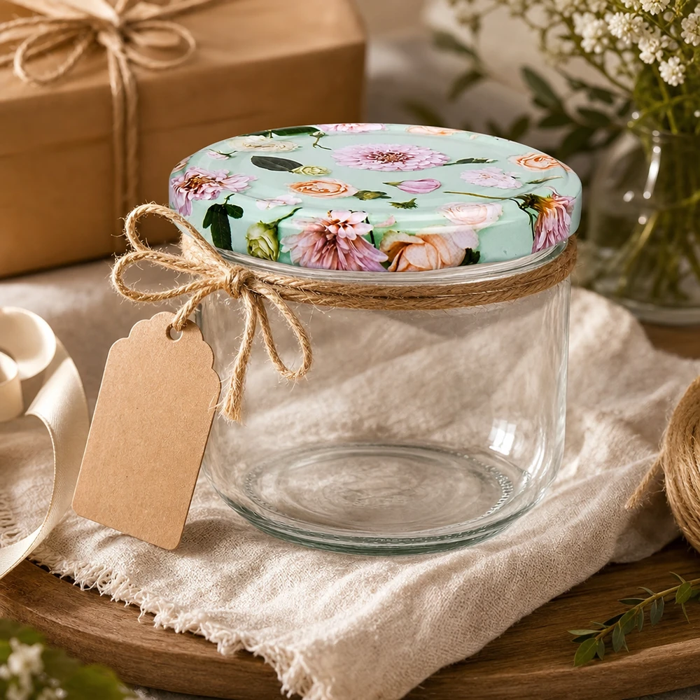 Dekoriertes 260ml Sturzglas mit BasicSeal Blumendeckel mint, Juteschnur, Geschenkanhänger auf Leinentuch