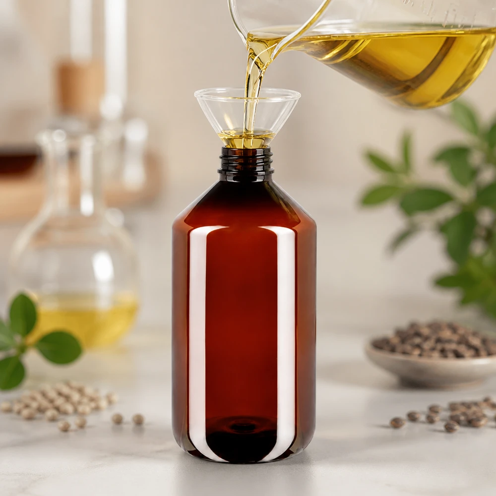 PET láhev 500ml se zeleným uzávěrem, který je zřetelný při manipulaci s lahví. Hnědá PET láhev o objemu 500 ml se plní zlatým olejem pomocí nálevky na bílém mramorovém povrchu