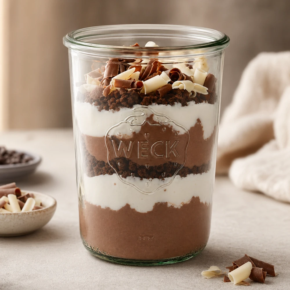 850ml tumble jar WECK RR100 s dřevěným dřevem. 850ml WECK Sturzglas RR100 mit Schichtdessert aus Schokoladenmousse Sahne und Kekskrümeln befüllt