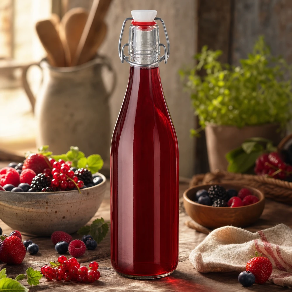 500ml skleněná láhev + otočný vršek PVC UNiTWIST 500ml Glasflasche Bügelverschluss mit rotem Beerensaft gefüllt Fruchtsäfte Smoothies selbstgemacht Küchendeko
