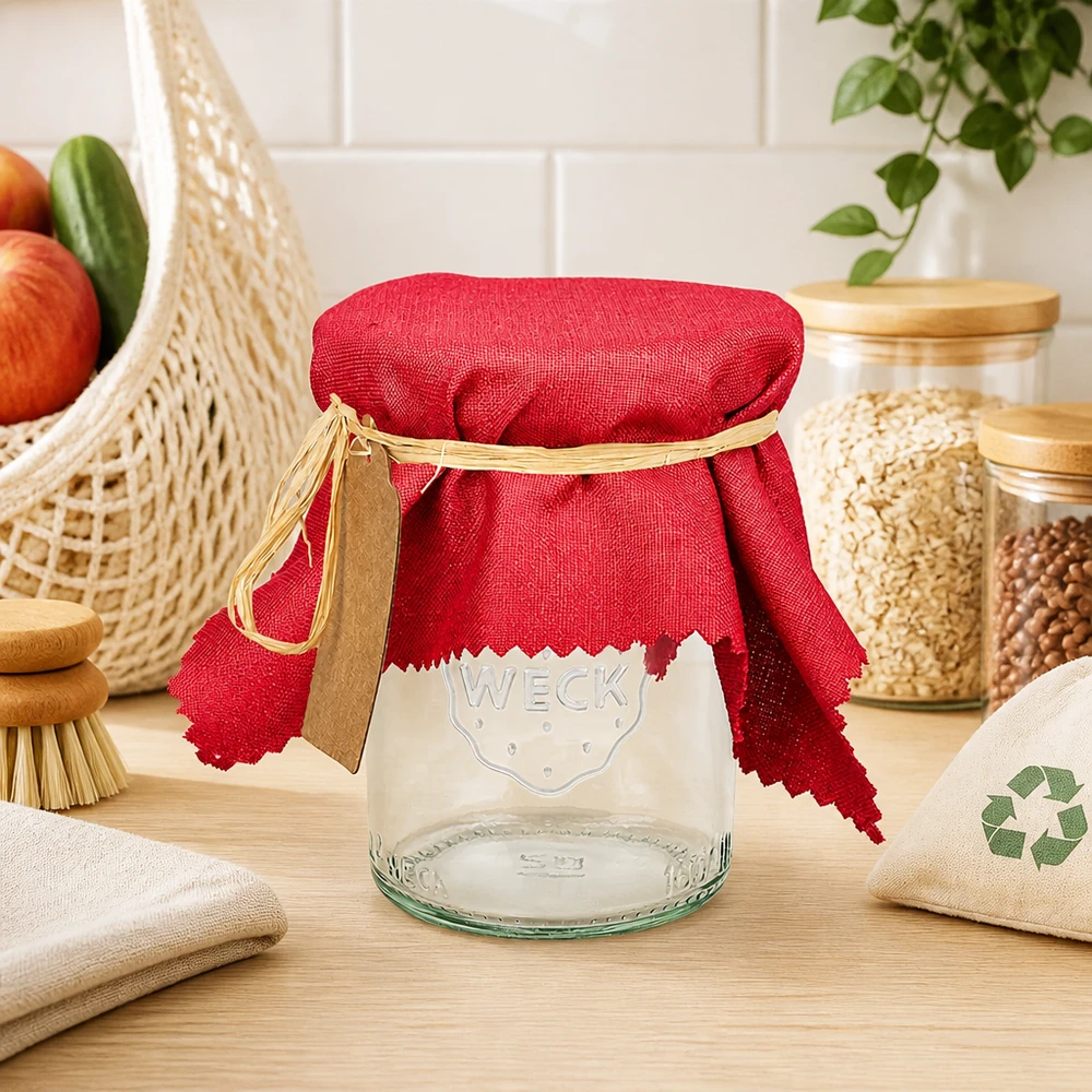 Látkový ubrousek na šperky bordó 15 cm čtvercový Bordeauxrotes Stoff Schmuckdeckchen 15cm eckig auf leerem WECK Glas mit Raffiabast in natürlicher Küchendeko