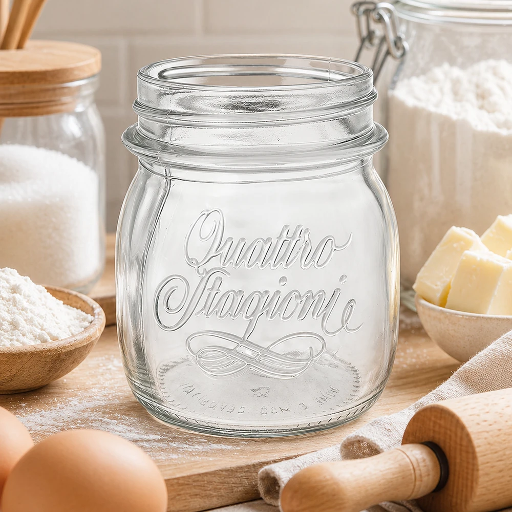 250ml Quattro Stagioni Haushaltsglas Einmachglas mit Emblem auf Holztisch mit Küchenutensilien und Zutaten