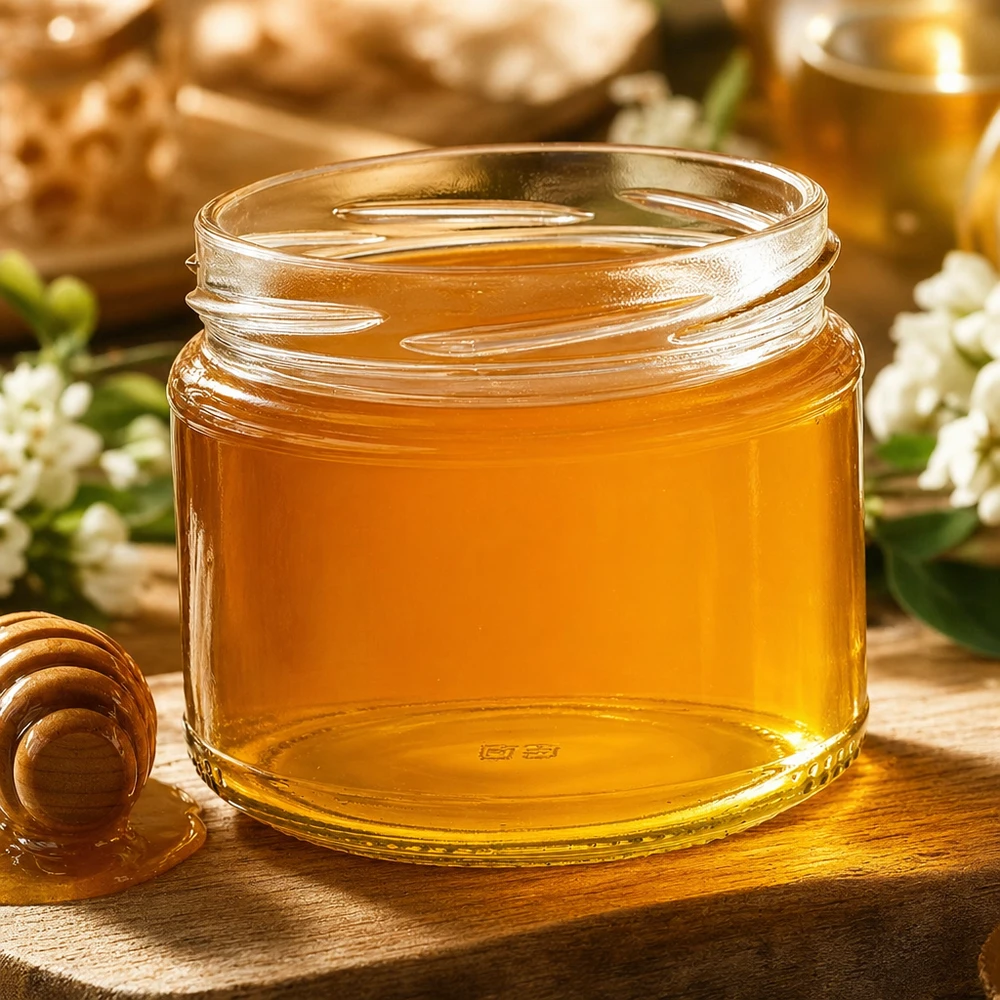 Kulatá sklenice o objemu 330 ml bez víčka (TO82) UNiTWIST UNiTWIST Runda330 Rundglas mit goldenem Honig gefüllt neben Honiglöffel und weißen Blüten auf Holztisch