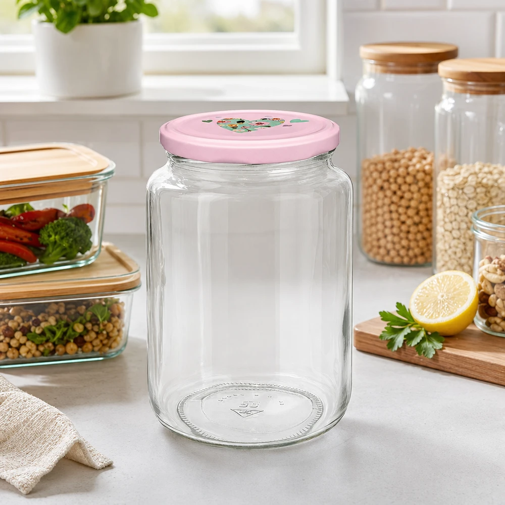 795ml kulatá sklenice + víčko BasicSeal srdíčková růžová UNiTWIST Vorratsglas 795ml in Küche mit rosa Herzdeckel für Lebensmittelaufbewahrung neben anderen Glasbehältern