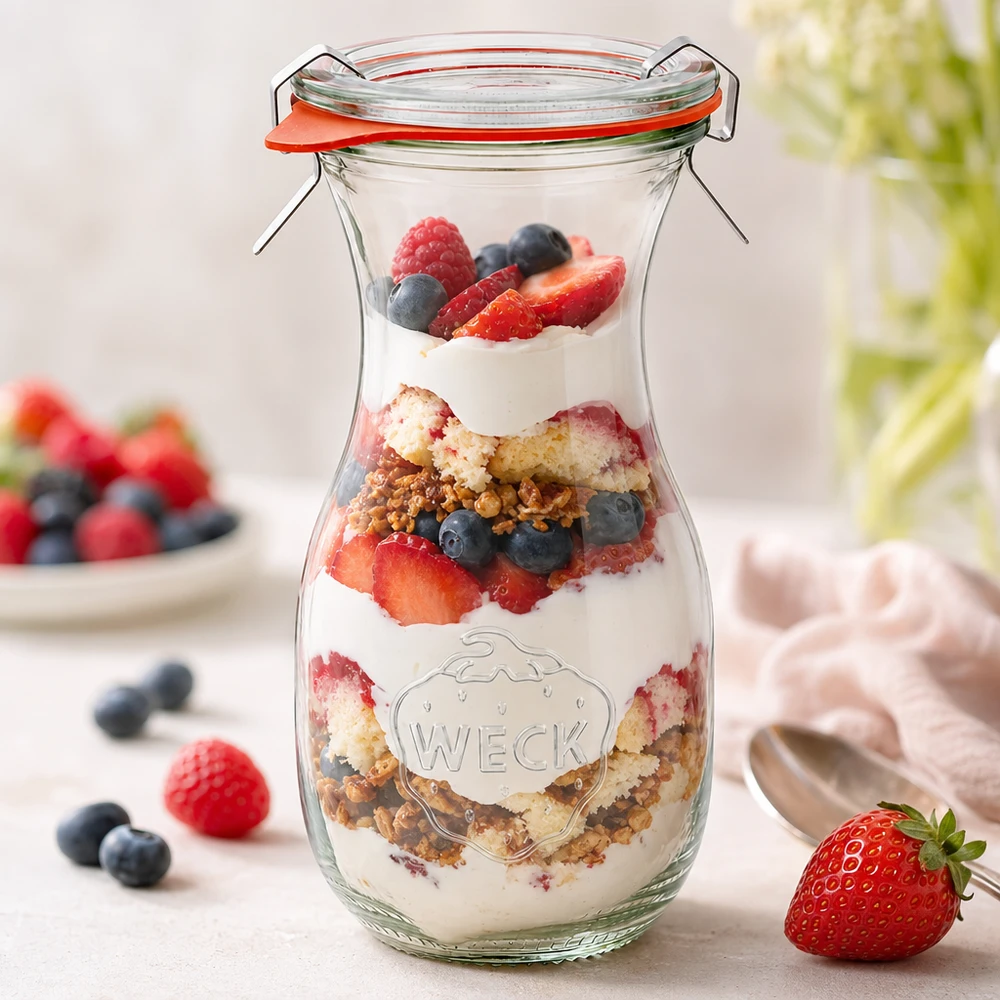 WECK Saftflasche 290ml RR60 mit Schichtdessert aus Joghurt Beeren und Granola alskreative Verwendungsidee