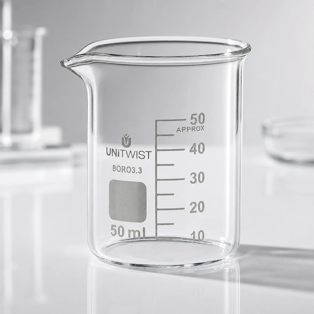 Kádinka 50ml borosilikátová, nízká forma UNiTWIST Nahaufnahme Skalierung Becherglas 50ml UNiTWIST niedrige Form APPROX Markierung Borosilikatglas