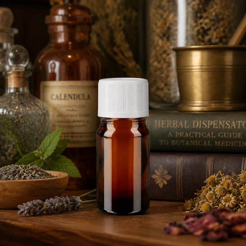 Apothekerflasche 5ml braun mit weißem KiSi-Deckel auf Holztisch neben getrockneten Blüten und Kräutern