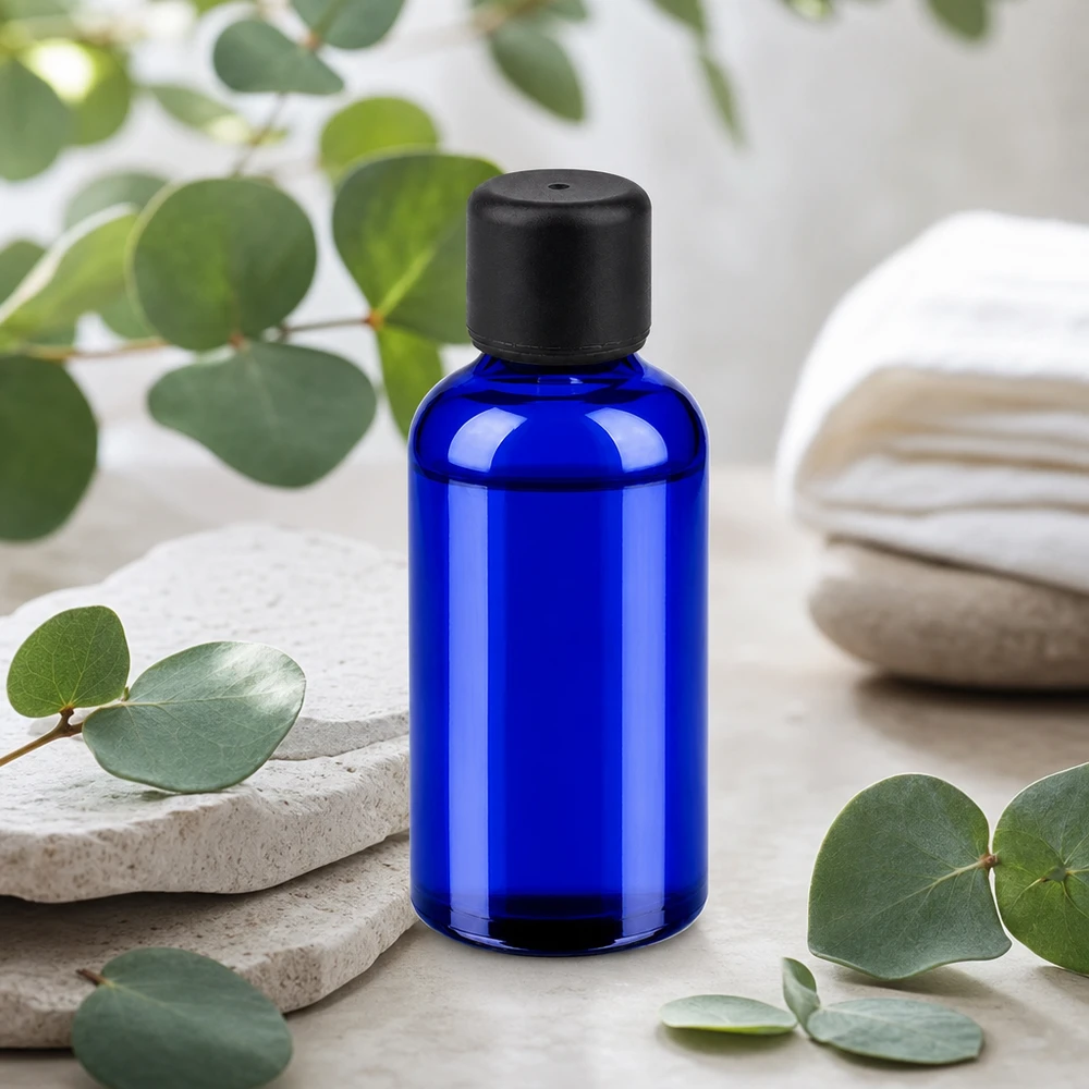 50ml láhev se 6mm šroubovacím uzávěrem černá Standard BlueLine UT18/50 Premium Glasflasche 50ml mit matter schwarzer Kappe für hochwertige Öle und Essenzen