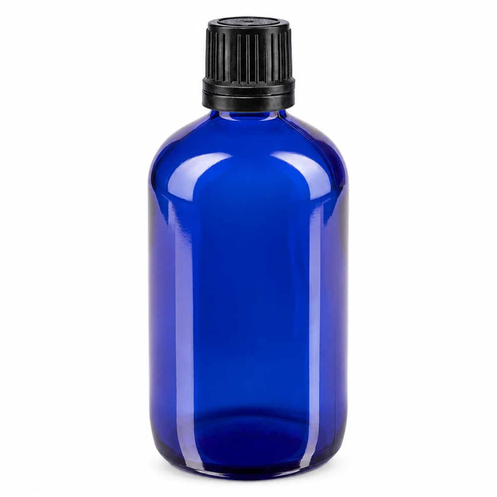 Runde 100ml Apothekerglasflasche blau mit schwarzem Tropfverschluss für Pharmaprodukte