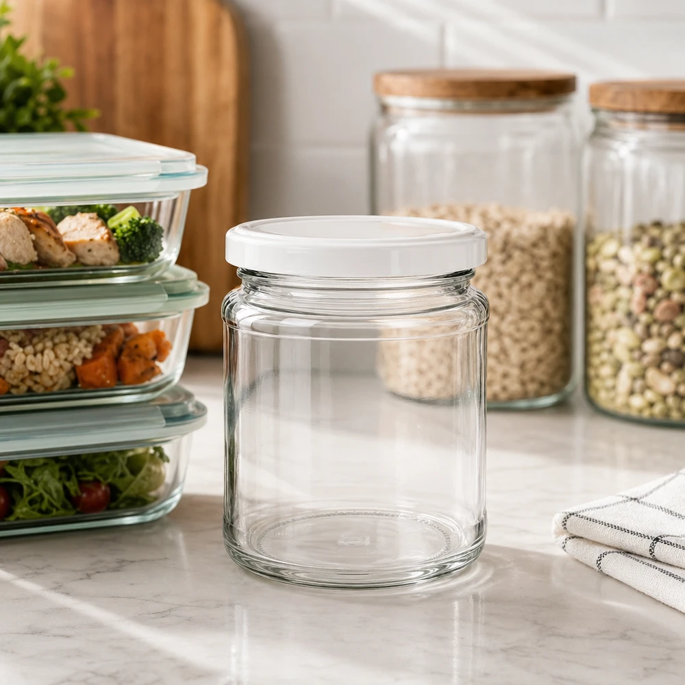 212ml kulatá sklenice s víčkem BasicSeal bílá UNiTWIST Leeres 212ml Rundglas mit BasicSeal Deckel in moderner Küche zwischen Meal-Prep Boxen und Vorratsgläsern