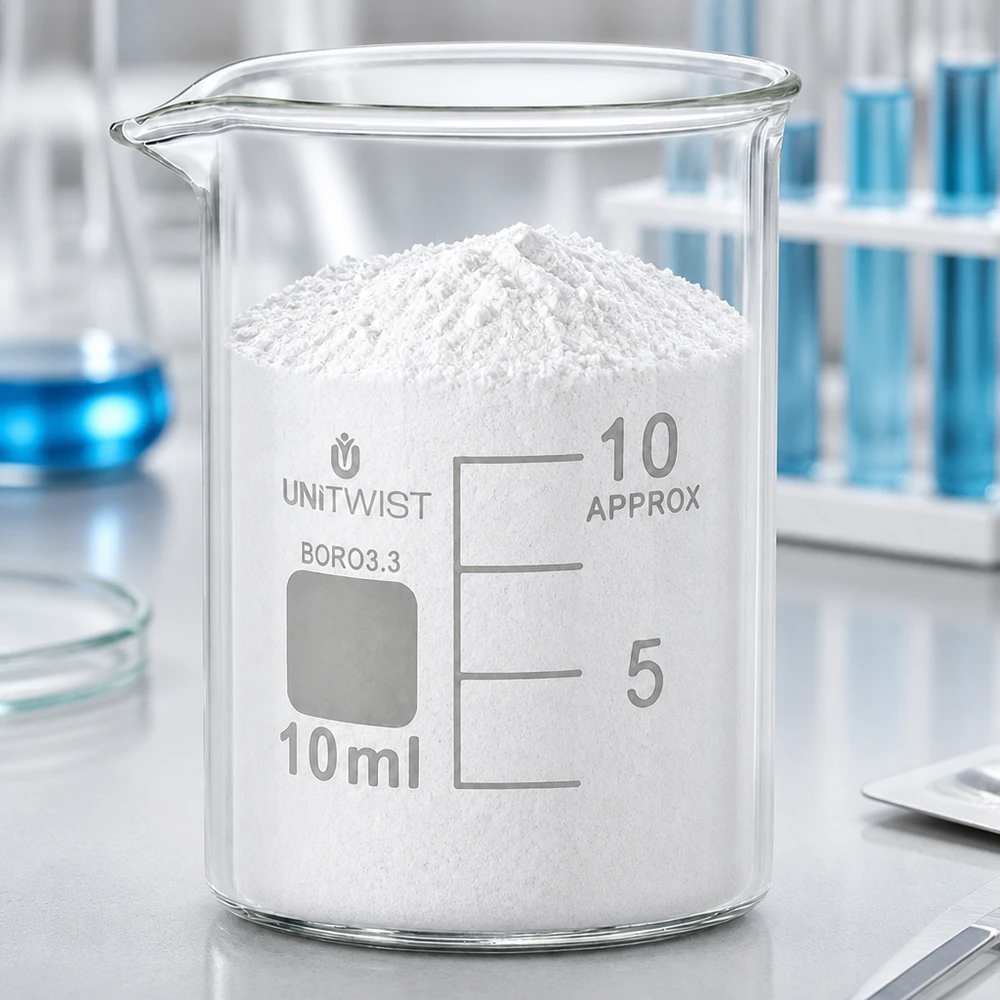 Kádinka 10 ml borosilikátová, nízká forma UNiTWIST Chemielabor Becherglas UNiTWIST 10ml niedriger Bauform mit weißem Feststoff befüllt