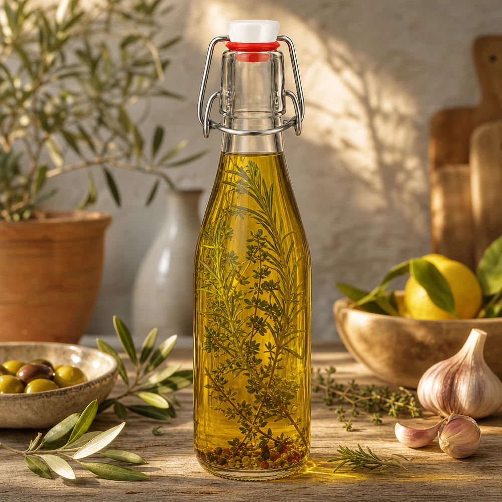 250ml skleněná láhev + výkyvný vršek PVC UNiTWIST 250ml Glasflasche mit Bügelverschluss gefüllt mit Kräuteröl, mediterranes Ambiente mit Oliven und Knoblauch
