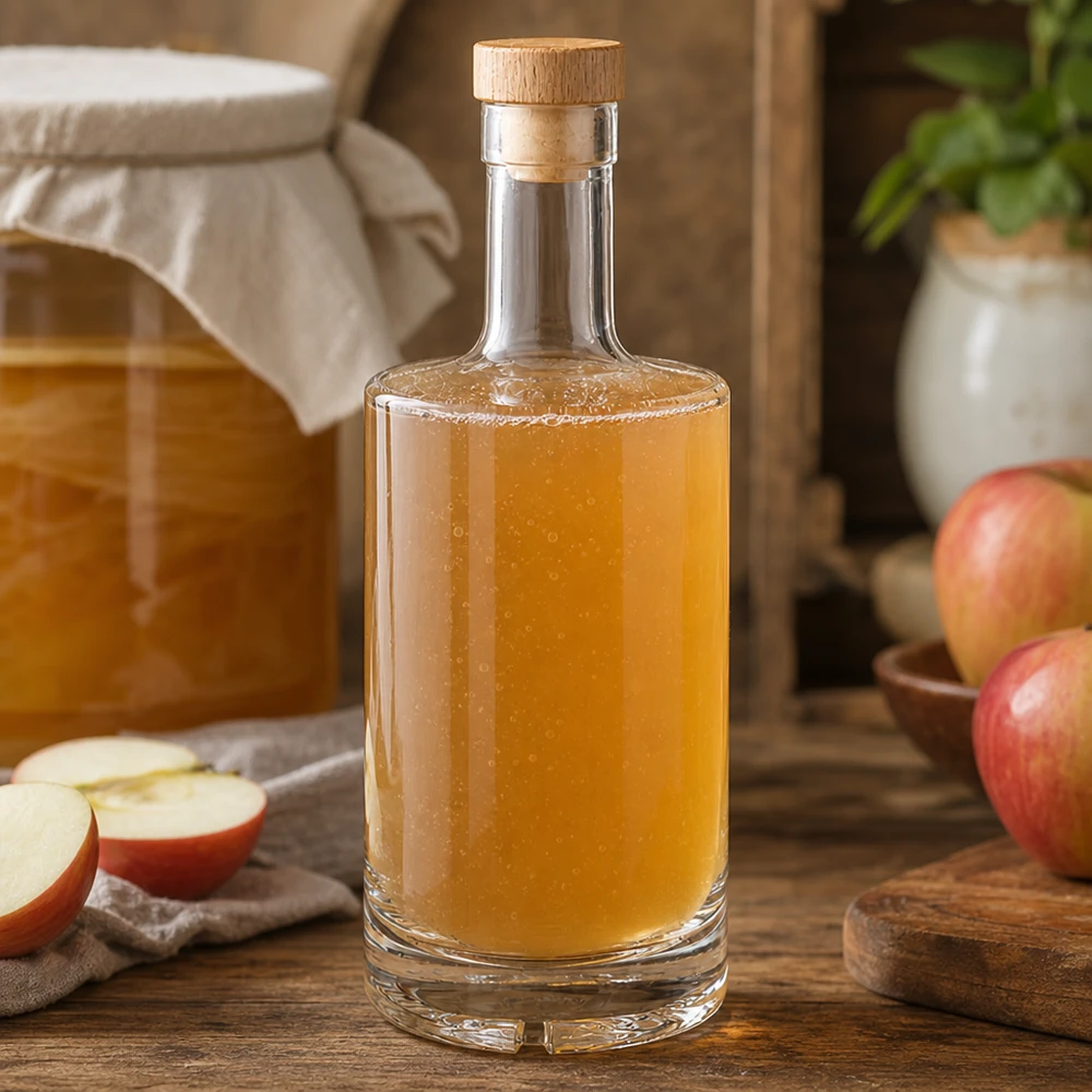 500ml Glasflasche Nora befüllt mit Apfelsaft in rustikaler Küche mit Äpfeln und Holzkorken UNiTWIST