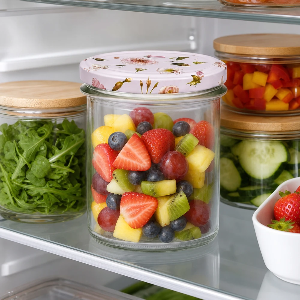 350ml sklenice + víčko BasicSeal flower pink UNiTWIST 350ml Sturzglas rosa Blumendeckel gefüllt mit Obstsalat im Kühlschrank neben Salat und Gemüse frische Aufbewahrung