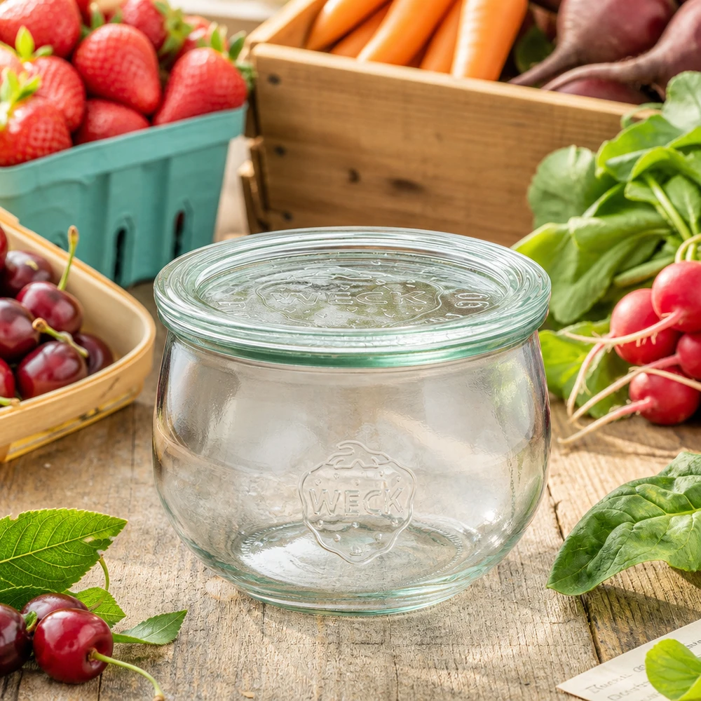 WECK Tulpenglas 580ml RR100 mit Glasdeckel zwischen frischem Obst und Gemüse auf rustikalem Holztisch arrangiert