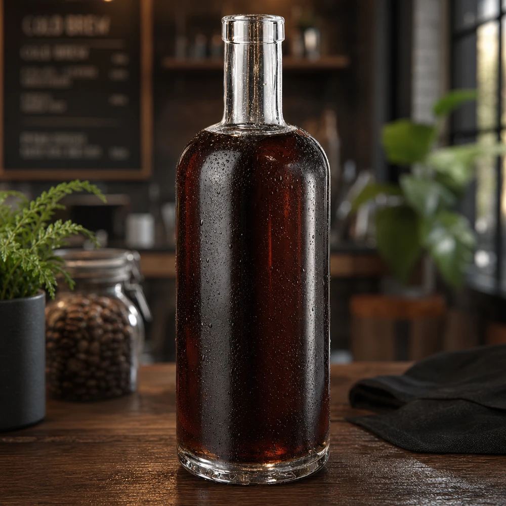 750ml Glasflasche Emma mit dunklem Whiskey gefüllt in rustikaler Küche mit Wassertropfen auf der Oberfläche