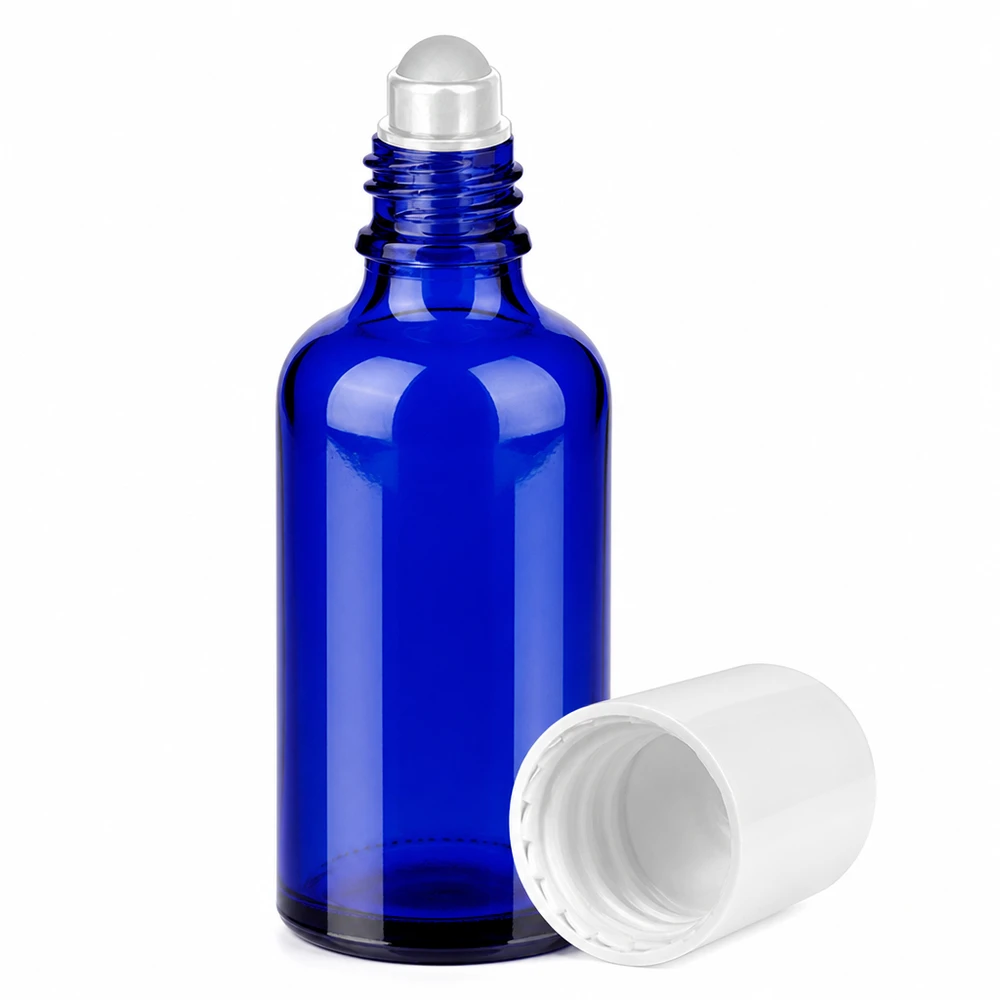 50ml roll-on lahvička bílá standardní uzávěr BlueLine UT18/50 Wiederverwendbare 50ml Roll-On Flasche blau mit weißem Schraubverschluss umweltfreundlich