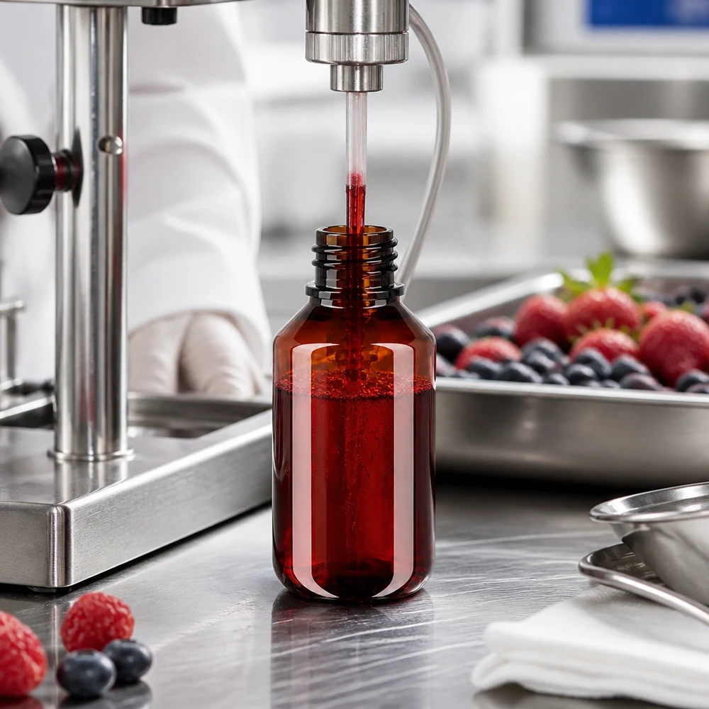 PET láhev 100ml s dávkovací pumpičkou černá Jantarově zbarvená PET láhev o objemu 100 ml se strojově plní červeným ovocným džusem