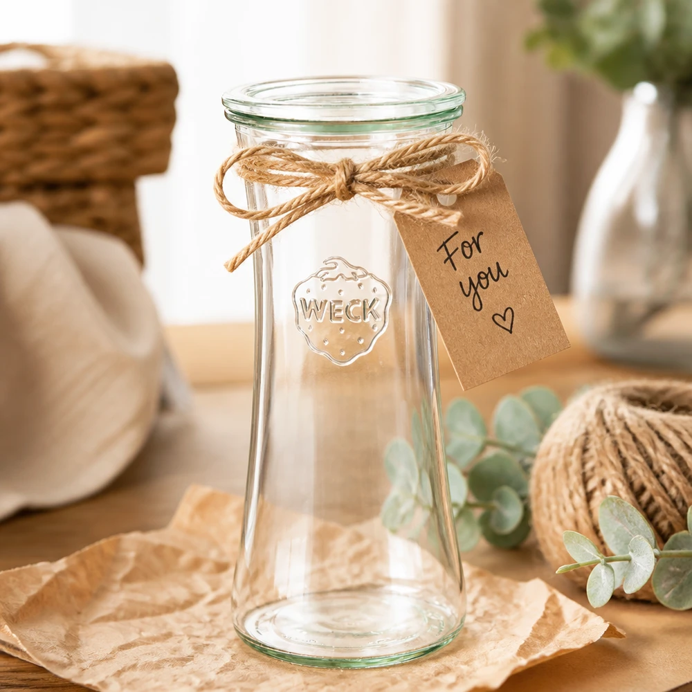 700ml lahůdková sklenice se skleněným víčkem WECK RR80 WECK Delikatessenglas 700ml RR80 mit Geschenkanhänger und Juteschnur - dekoratives Einmachglas als Geschenkidee