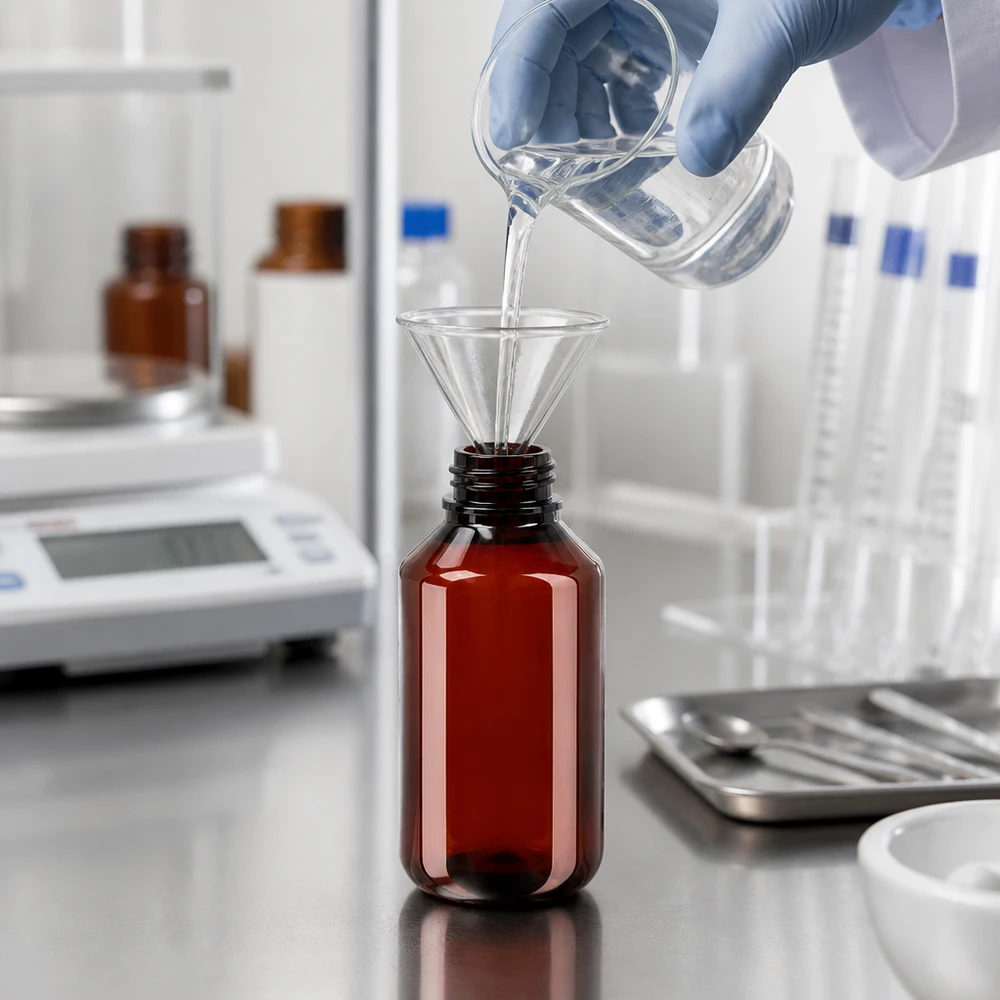 PET láhev 100 ml s bílým/červeným uzávěrem s ochranou proti manipulaci Lékárník naplňuje hnědou 100ml PET láhev tekutinou pomocí skleněného trychtýře na laboratorní váze