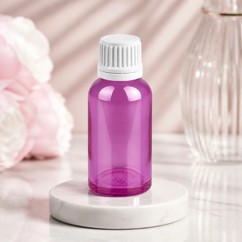 30ml láhev s 11mm šroubovacím uzávěrem bílá Originality šroubovací uzávěr PurpleLine UT18/30 Handliche 30ml violette Flasche mit sicherem Verschluss für Aufbewahrung flüssiger Substanzen