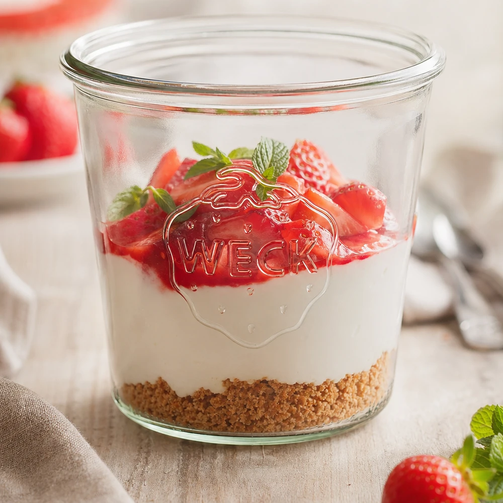 580ml tumbler WECK RR100 s dřevěným dřevem - 580ml tumbler WECK RR100 s dřevěným dřevem. WECK Sturzglas 580ml RR100 mit Erdbeeren und Joghurt gefüllt als Dessert im Glas auf Holztisch