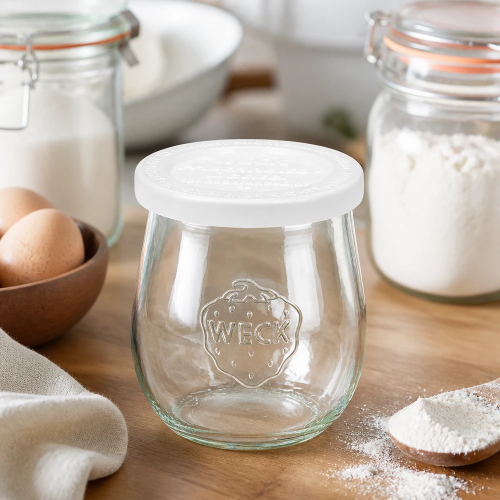 220ml tulipánová sklenice s víčkem na zavařování WECK RR60 WECK Tulpenglas 220ml RR60 in Backküche mit Mehl und Eiern - Einmachglas für Backen und Küchen Aufbewahrung