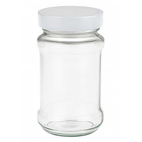 390ml kulatá skleněná dóza + víčko BasicSeal bílé hluboké UT