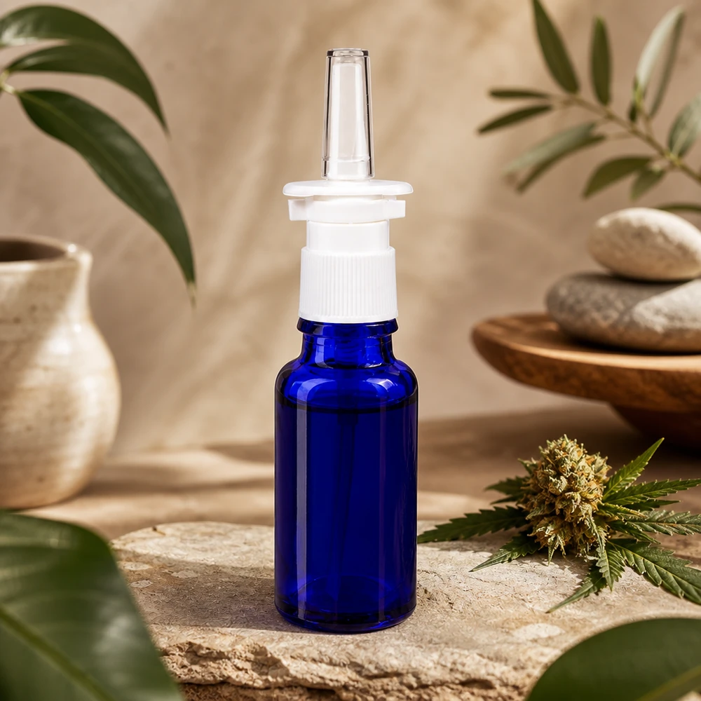 Hochwertige 20ml Pharmaflasche in Blauglas mit Nasenapplikator neben Cannabisblüte