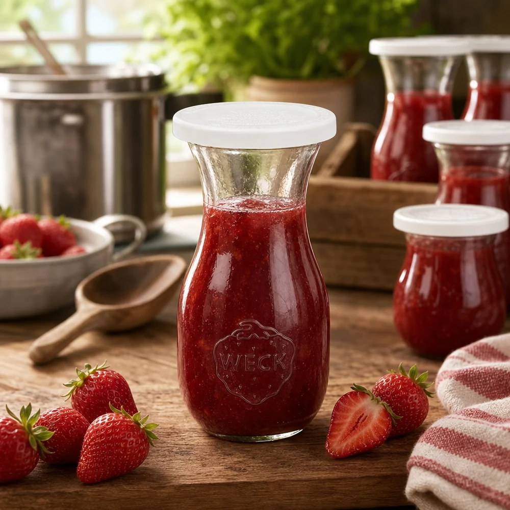 WECK 290ml Saftflasche gefüllt mit rotem Erdbeermarmelade umgeben von frischen Erdbeeren auf Holztisch