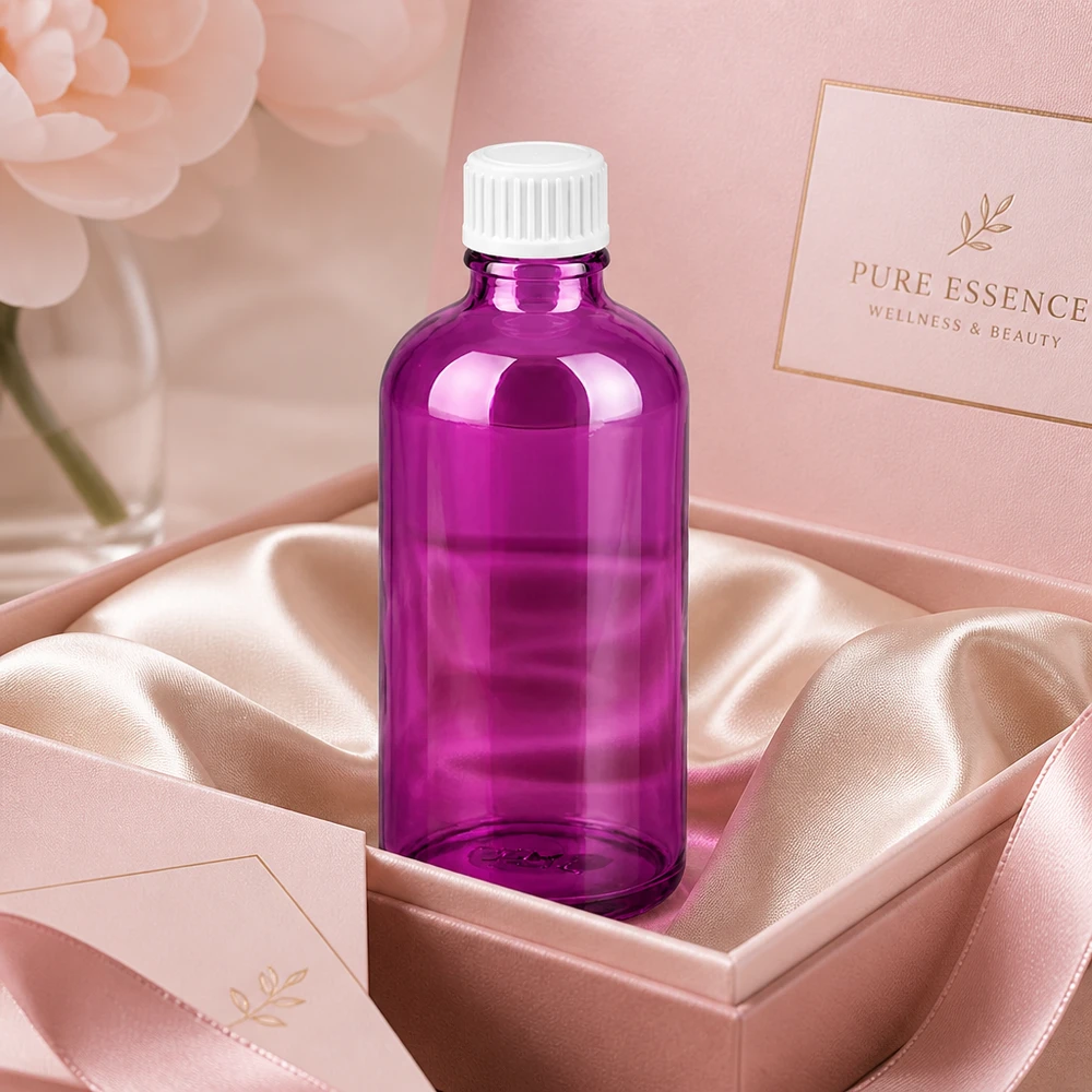 100ml (globulová) lahvička s 3mm nalévacím kroužkem bílá Standard PurpleLine. UT18/100 Lichtschützende violette Glasflasche 100ml mit UT18 Verschluss für empfindliche Wirkstoffe